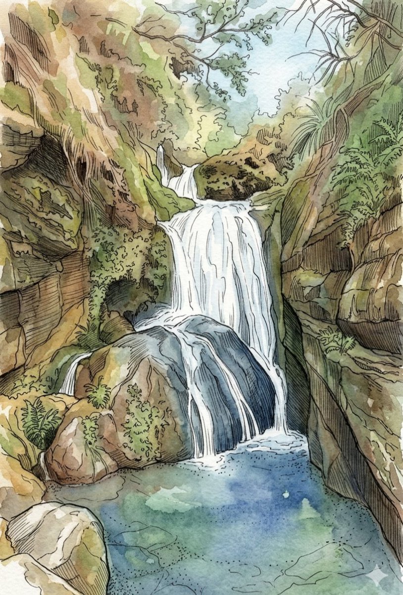 一幅宁静的水彩与水墨插画，描绘一处隐秘的热带绿洲，画面中一道多层瀑布从长满苔藓的崎岖岩崖倾泻而下，汇入一汪清澈静谧的湖水。瀑布之水从飞溅翻腾的…, 图片 2