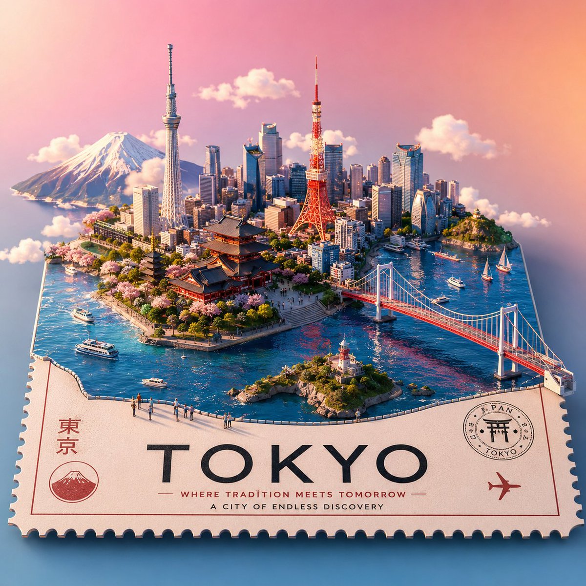 创建一张高端风格化的3D等距旅行海报，展示[城市名称]，设计为一个漂浮的微型世界，放置在一个带有穿孔边缘的大型票券、明信片或邮票平台上。自动包…, 图片 1