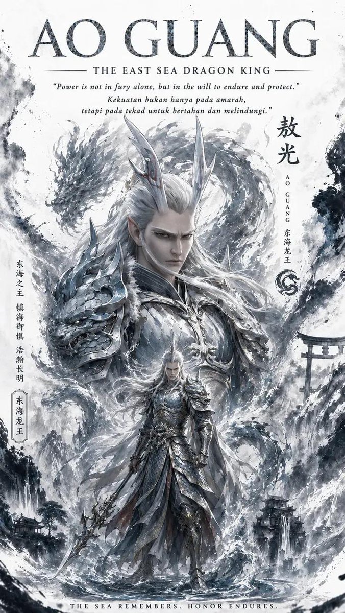 奇幻史诗书籍封面艺术——敖闰,西海龙王。威严中性化的中国龙王,长长飘逸的蓝色长发,发光的红眼睛,华丽的水晶蓝龙角,额间蓝色宝石。身穿由水与冰构…, 图片 1