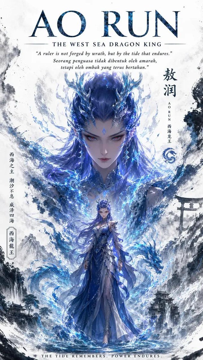 奇幻史诗书籍封面艺术——敖闰,西海龙王。威严中性化的中国龙王,长长飘逸的蓝色长发,发光的红眼睛,华丽的水晶蓝龙角,额间蓝色宝石。身穿由水与冰构…, 图片 2