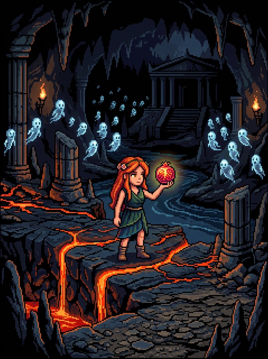 A retro-style 8-bit Persephone in the Underworld, holding a glowing digital pom…