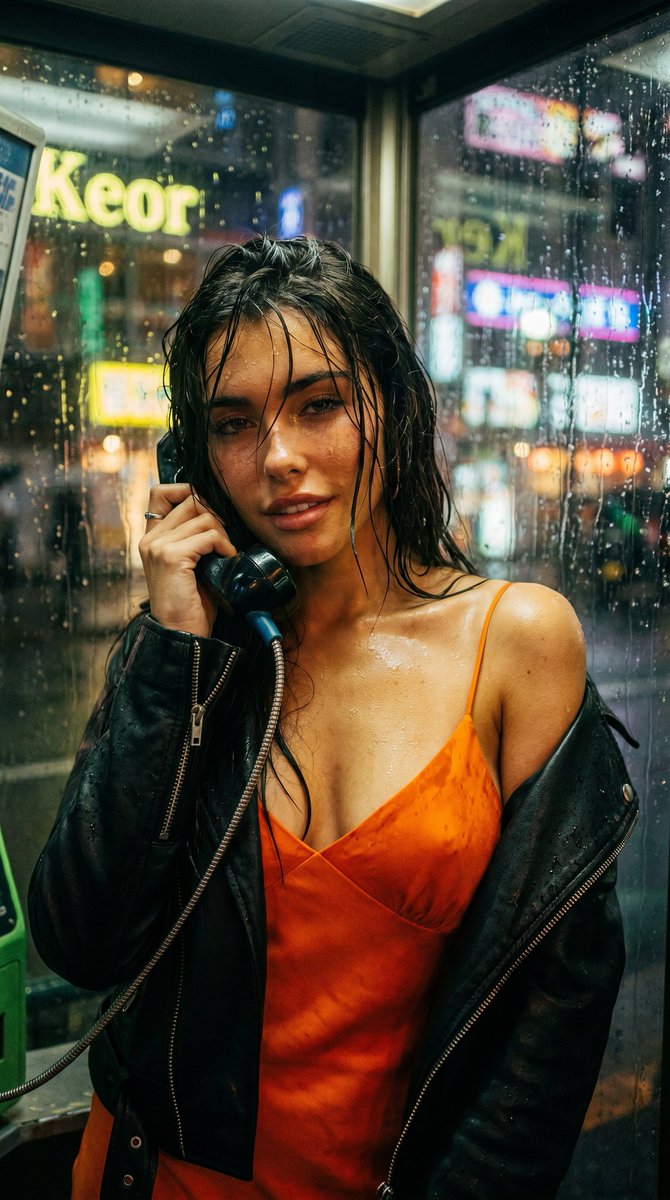 平成末期的日本私人写真集风格，美国女性，富士胶片通透氛围，潮湿而情绪化的中景人像，深夜雨天电话亭场景，暖黄色钨丝灯与街头霓虹灯混合的光线，微微…, 图片 3