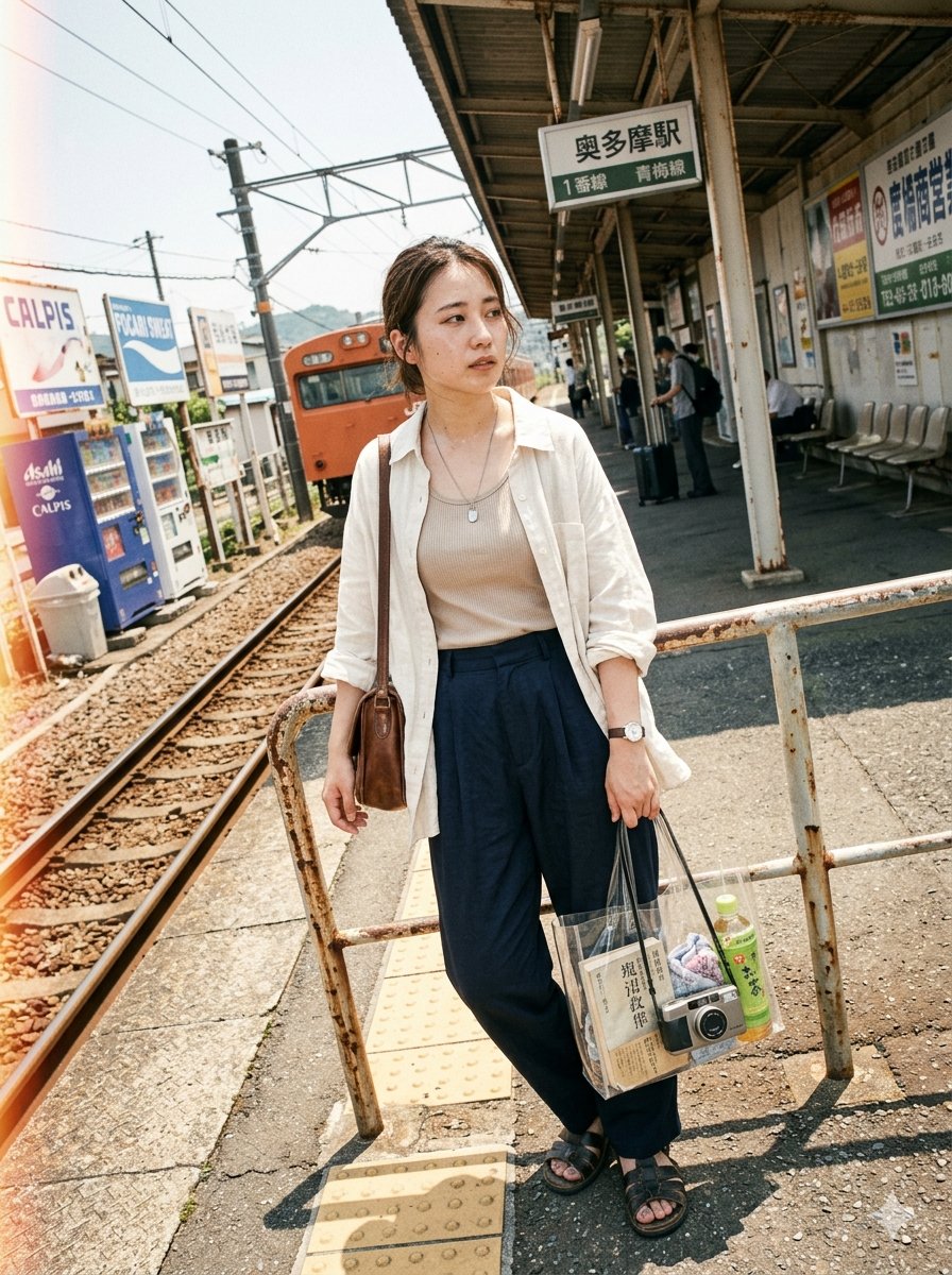 超写实时尚编辑摄影:一位年轻女子在日本夏日酷暑中,独自等候于宁静的乡间火车站台。她身着宽松亚麻衬衫,内搭罗纹背心,下着宽松百褶长裤与做旧皮革凉…, 图片 1