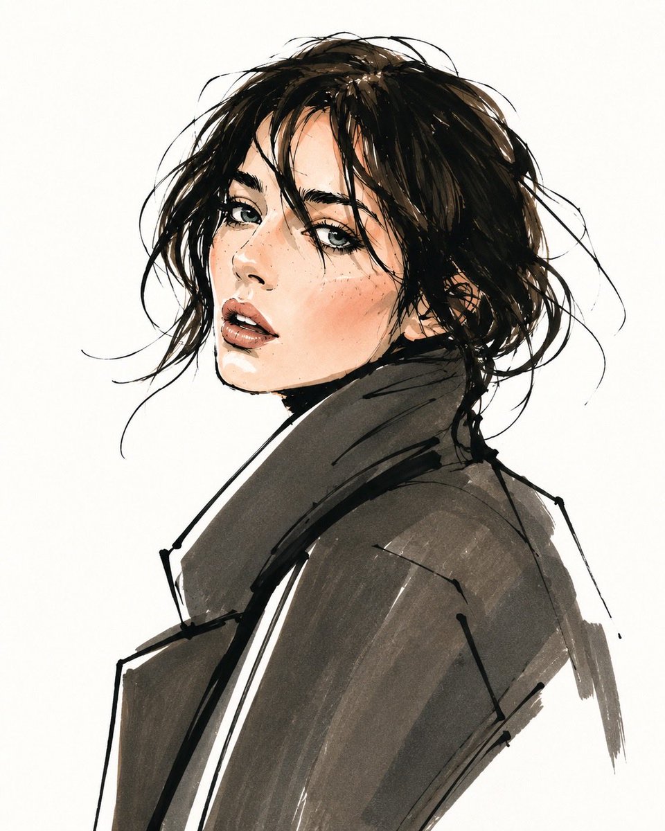 把这张照片变成《Vogue》风格的时装插画，保留人物的身份、五官特征与相貌。极简手绘素描，优雅修长的比例，大胆的黑色墨水轮廓，松散自信的线条，…, 图片 2