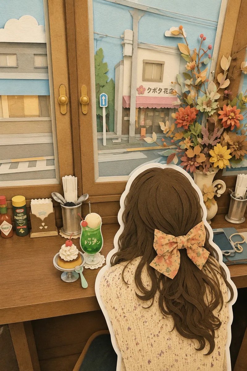 纸质工艺立体场景画,日本咖啡馆场景,长长的波浪棕色发丝并戴着花结发饰的女孩坐在木质桌前,背面视角,桌上摆放着绿色奶油苏打漂浮饮和布丁甜点,纸艺…, 图片 2