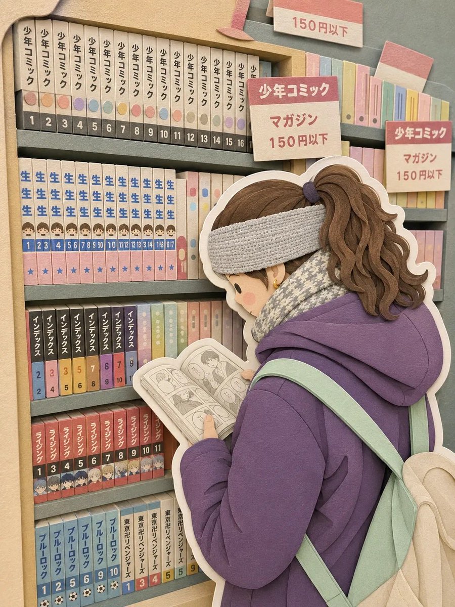 纸质工艺立体场景画,日本咖啡馆场景,长长的波浪棕色发丝并戴着花结发饰的女孩坐在木质桌前,背面视角,桌上摆放着绿色奶油苏打漂浮饮和布丁甜点,纸艺…, 图片 3