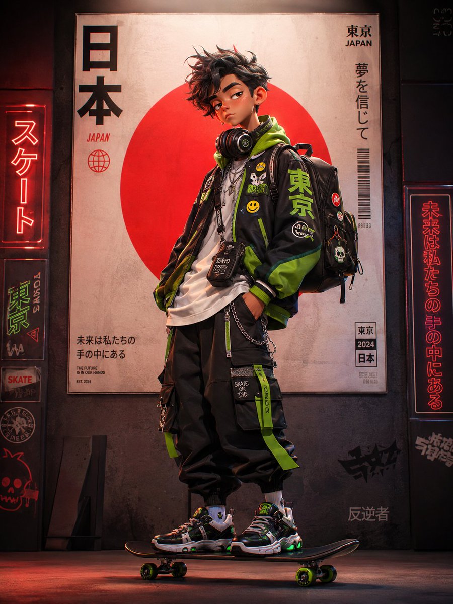 超精细赛博朋克动漫街头服饰人像:一位时尚年轻的日本滑板女孩,在夜晚的未来东京小巷中自信地站在一块滑板上。她身穿一件黑色超大科技风轰炸机夹克,配…, 图片 1