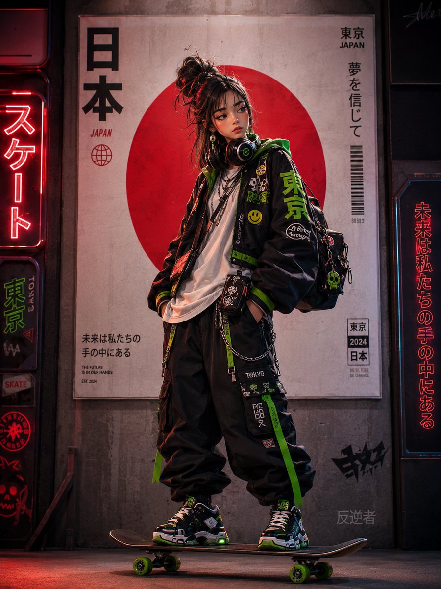 超精细赛博朋克动漫街头服饰人像:一位时尚年轻的日本滑板女孩,在夜晚的未来东京小巷中自信地站在一块滑板上。她身穿一件黑色超大科技风轰炸机夹克,配…, 图片 2