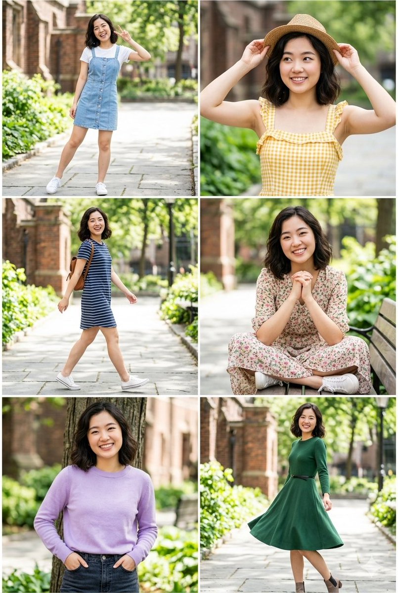 六张风格各异的户外人像拼贴，画面中是同一位年轻东亚女性，留着齐肩的深棕色波浪卷发，笑容明亮而欢快。她在阳光明媚、绿意盎然的校园或公园环境中拍摄…, 图片 1