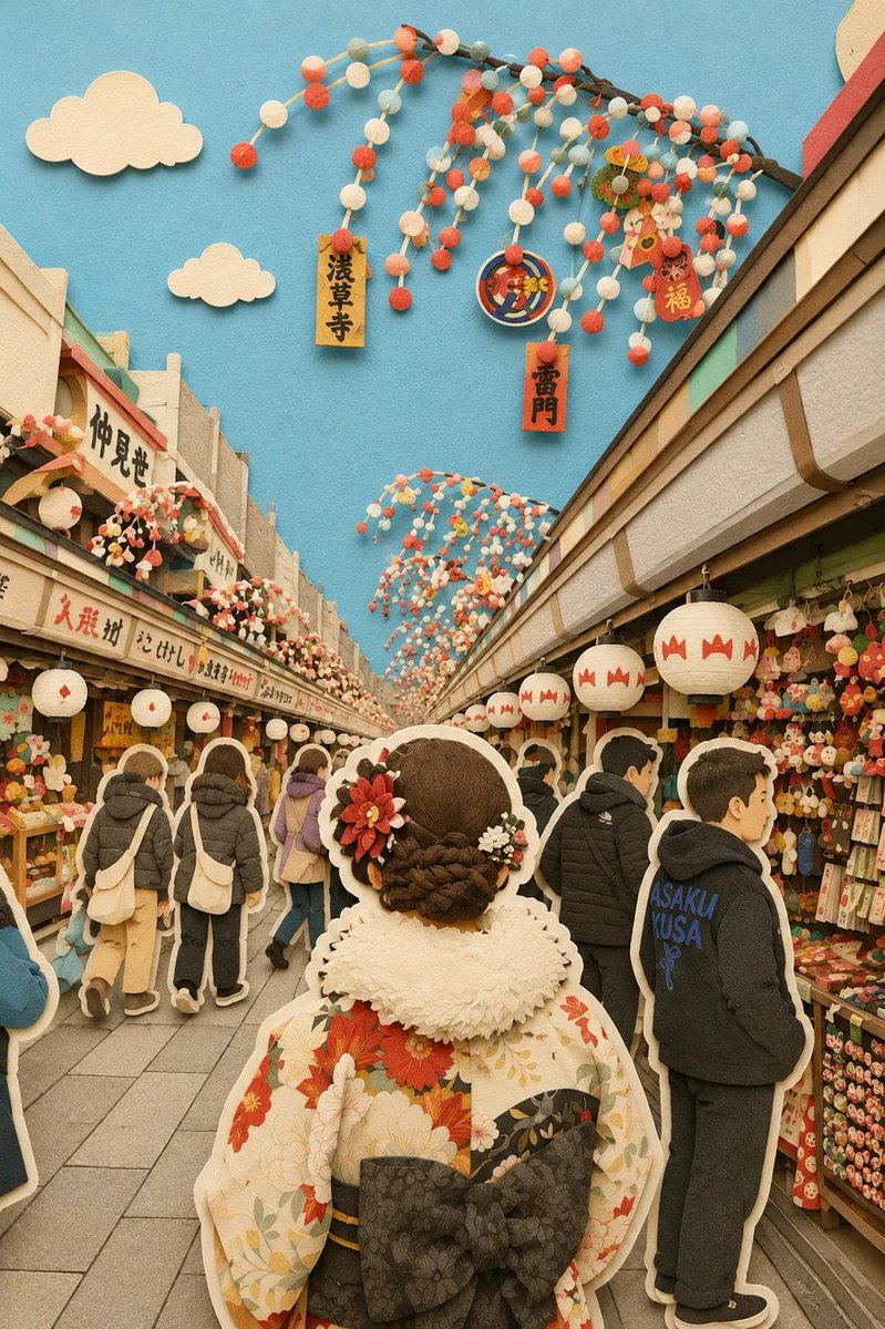 奇思妙想的分层剪纸立体场景,手工打造的3D纸艺世界,惬意的日本旅行场景,超精细的剪纸插画,柔和的马卡龙色系,毛毡与卡纸质感,可见纵深的层叠纸张…, 图片 2
