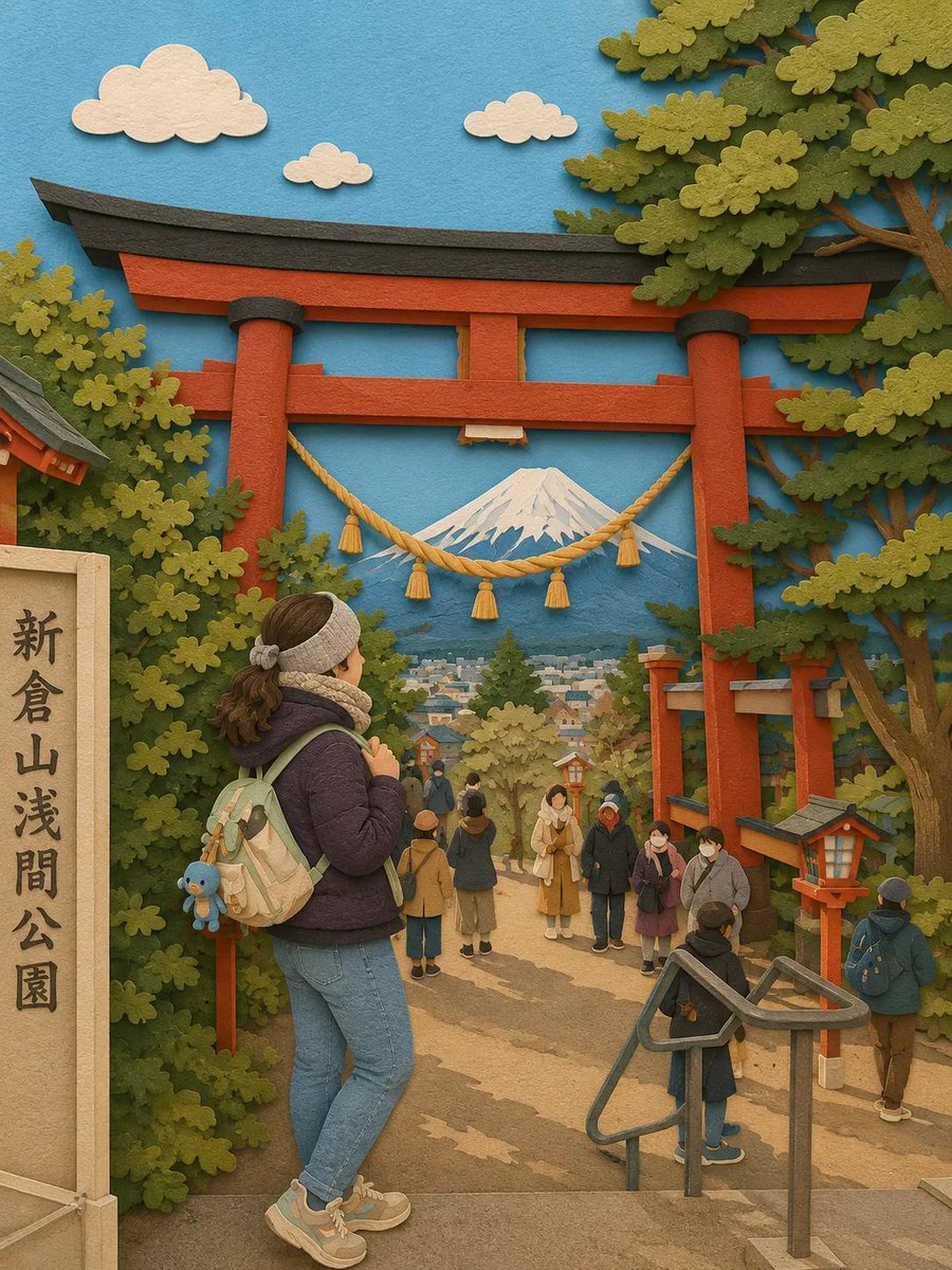 奇思妙想的分层剪纸立体场景,手工打造的3D纸艺世界,惬意的日本旅行场景,超精细的剪纸插画,柔和的马卡龙色系,毛毡与卡纸质感,可见纵深的层叠纸张…, 图片 4
