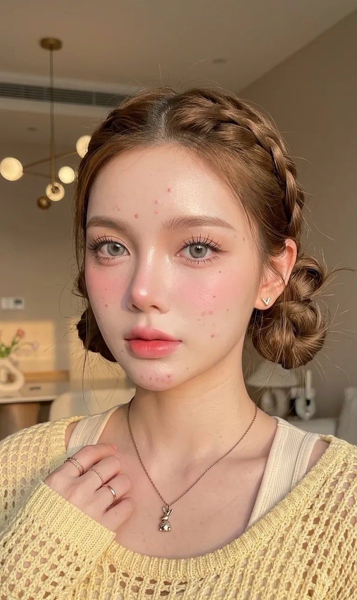 一张年轻女性的特写肖像,她长着爆痘的肌肤,脸部和下巴上有一些痘印和零星的小痘痘,却依然散发着自然的美感。她拥有白皙、自然焕发光彩的肌肤,质地光…, 图片 1
