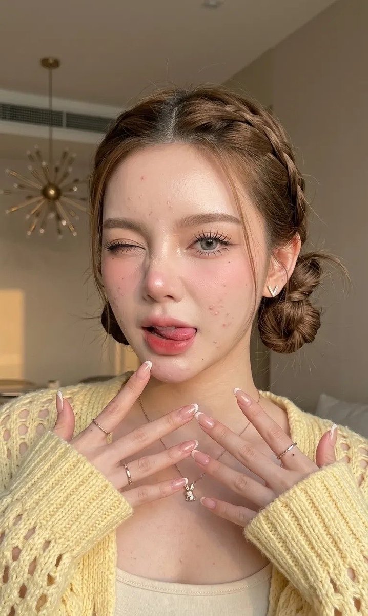一张年轻女性的特写肖像,她长着爆痘的肌肤,脸部和下巴上有一些痘印和零星的小痘痘,却依然散发着自然的美感。她拥有白皙、自然焕发光彩的肌肤,质地光…, 图片 2