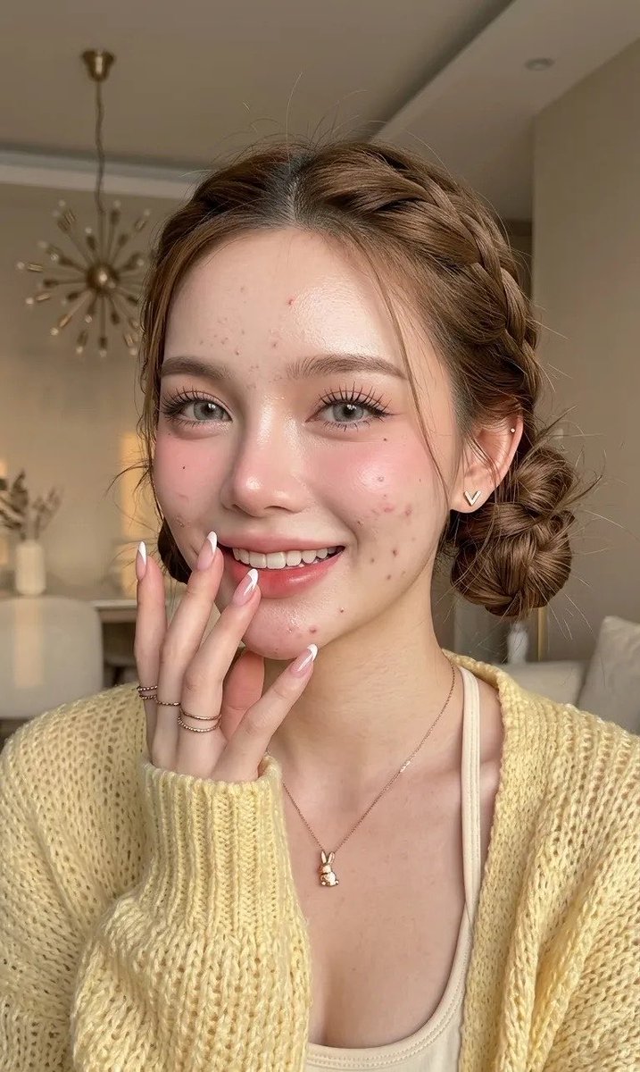 一张年轻女性的特写肖像,她长着爆痘的肌肤,脸部和下巴上有一些痘印和零星的小痘痘,却依然散发着自然的美感。她拥有白皙、自然焕发光彩的肌肤,质地光…, 图片 3