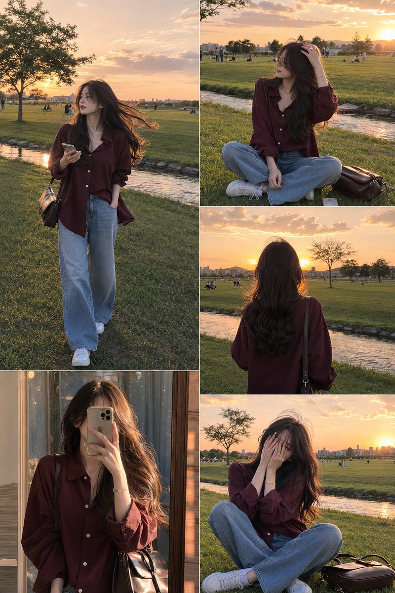 超写实生活方式时尚拼贴画,美丽的年轻女子在夕阳金辉时刻的开阔绿意公园中,柔和温暖的阳光,电影感自然光,韩系美学时尚氛围,身着深酒红色超大号纽扣…, 图片 1