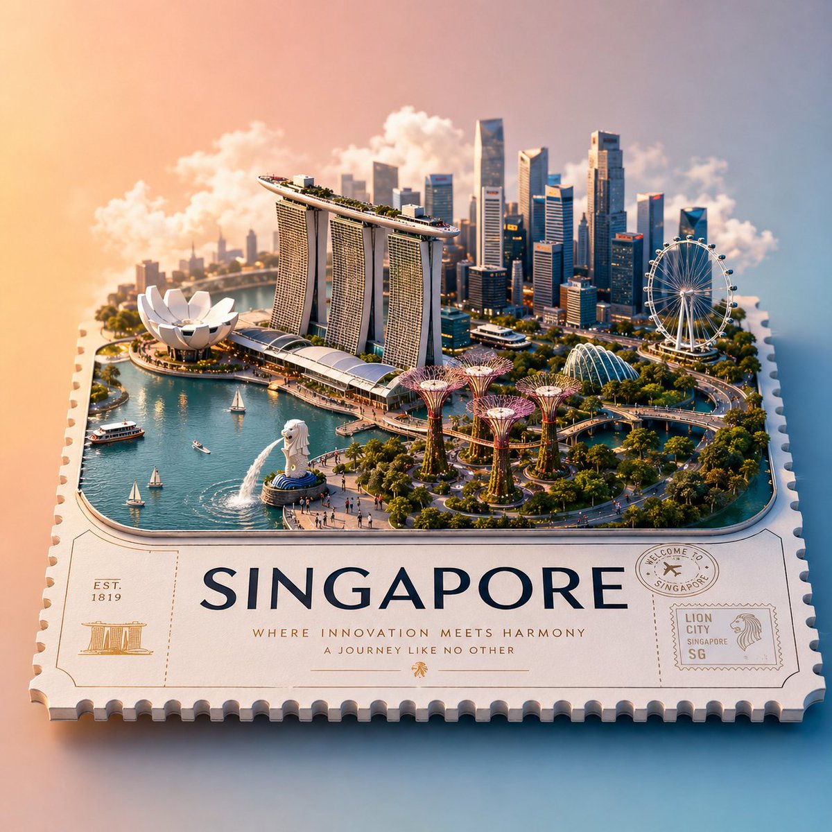 创建一个高端风格化的3D等距旅行海报，主题为[LOCATION NAME]，设计为一个漂浮的微缩世界，放置在一张带有打孔边缘的大型票券、明信片…, 图片 1