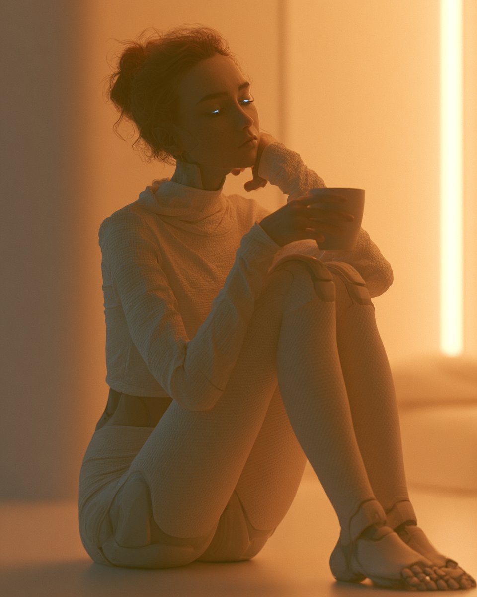 超写实女性机器人坐在未来主义极简公寓中，啜饮数字咖啡，环境光线平静安宁，眼睛发出微光半闭，神态平和宁静 --ar 4:5 --v 8.1, 图片 1