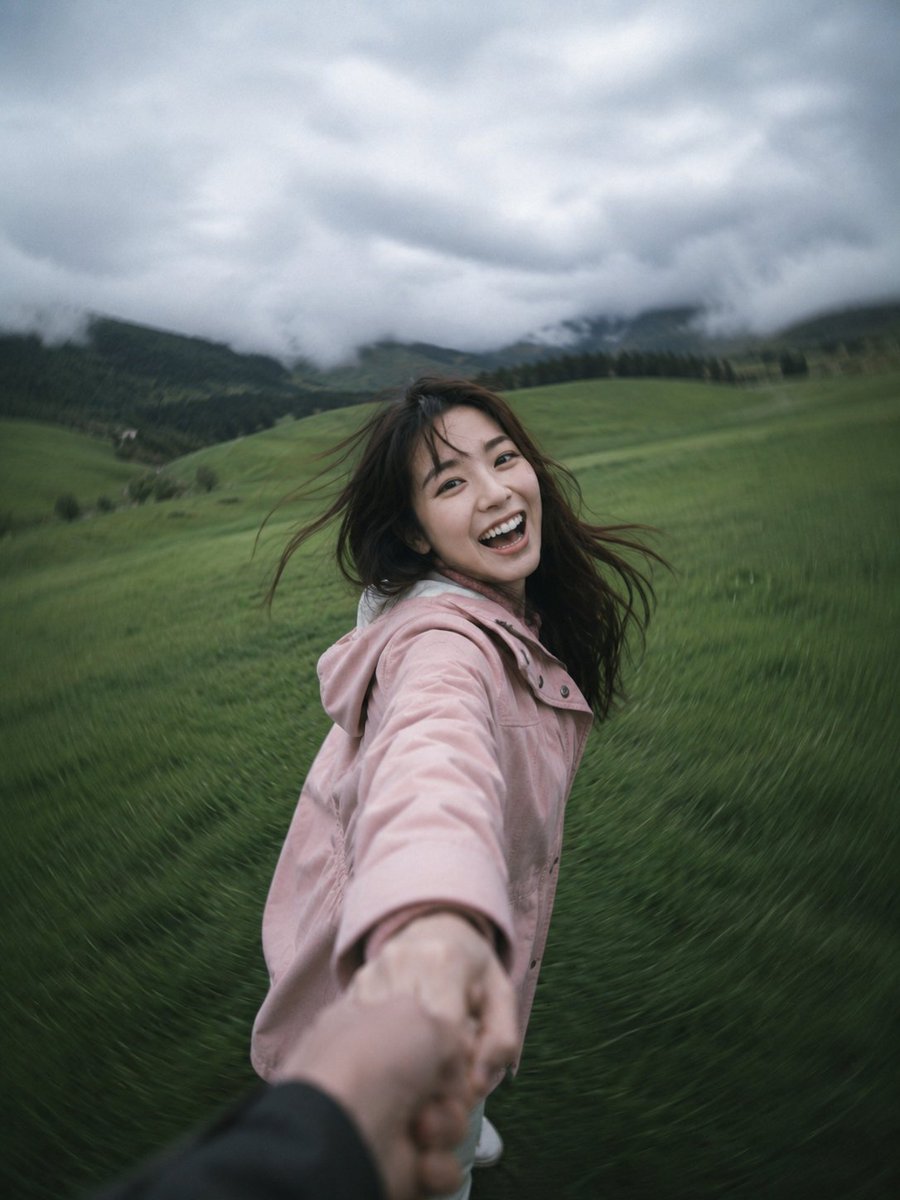 超写实抓拍照片，竖版 3:4 比例，第一人称视角（POV），在多云阴郁的天气下于一片广阔的草地里牵手旋转。边缘有强烈的径向运动模糊，中心焦点锐…, 图片 1