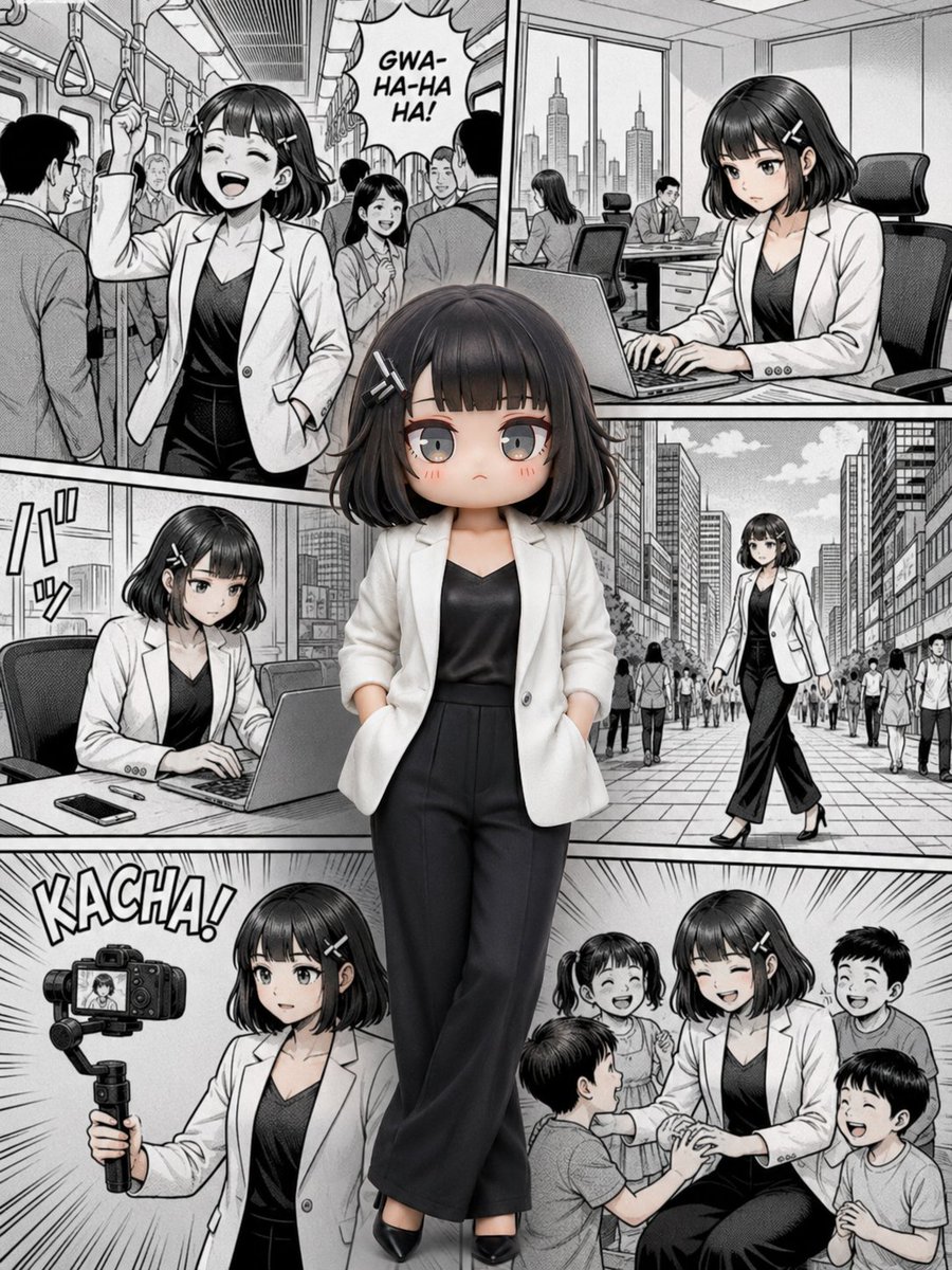 超写实全身肖像:一位自信的年轻职业女性站在巨型漫画/连环画拼贴背景中央。女性是唯一的彩色主体,而整个背景保持细节丰富的黑白漫画艺术风格。她有着…, 图片 1