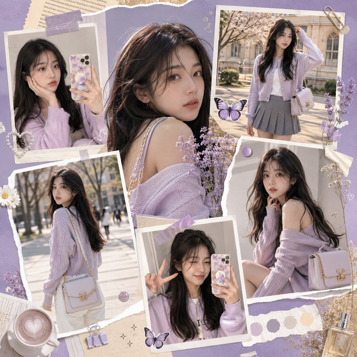 创作一幅充满活力的时尚拼贴广告，灵感源自现代韩风（K-fashion）与 Z 世代社交媒体美学。背景采用淡紫色（浅紫）搭配奶白与柔和金色点缀。…, 图片 1