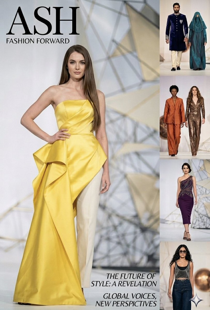 标题为“ASH FASHION FORWARD”的高级时尚杂志封面,采用中央分画布设计,从一侧清晰的秀场照片自然过渡到另一侧细致的艺术时尚插画…, 图片 1