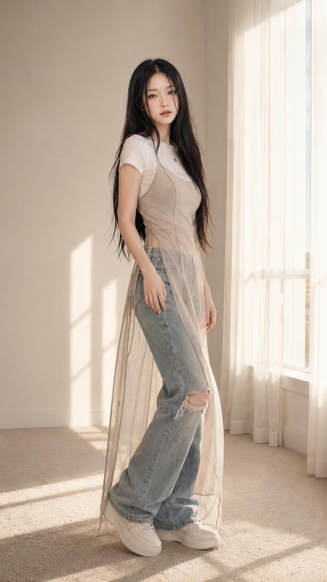 一张精致的照片级写实风格竖版全身时尚人像照,画面中一位成年女性安静地站立在一个极简风格的阳光室内空间里。她留着黑色长直发,柔和的中分发型,白皙…, 图片 3