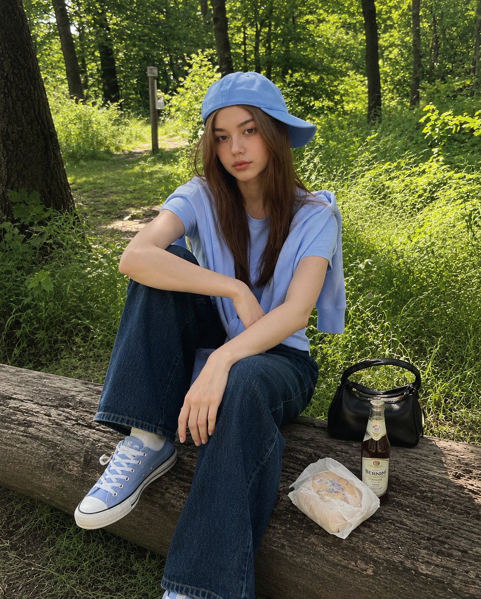 夏日午后阳光明媚的茂密绿林中，一位年轻的韩国女孩随意坐在一根质朴的木头上拍摄的户外抓拍人像。她头戴一顶歪戴的浅蓝色棒球帽，身穿一件柔和粉蓝色的…, 图片 1