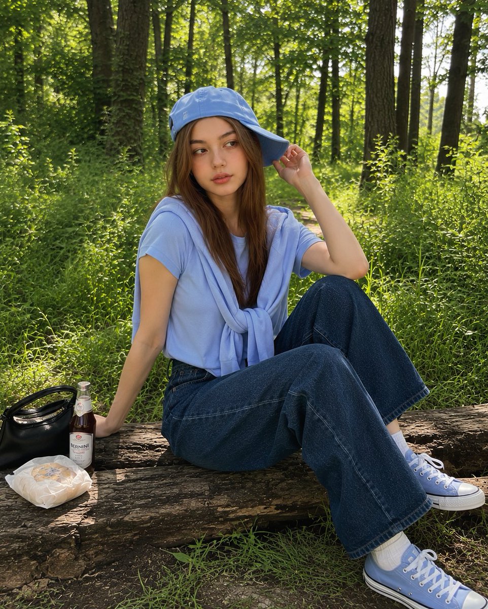 夏日午后阳光明媚的茂密绿林中，一位年轻的韩国女孩随意坐在一根质朴的木头上拍摄的户外抓拍人像。她头戴一顶歪戴的浅蓝色棒球帽，身穿一件柔和粉蓝色的…, 图片 2