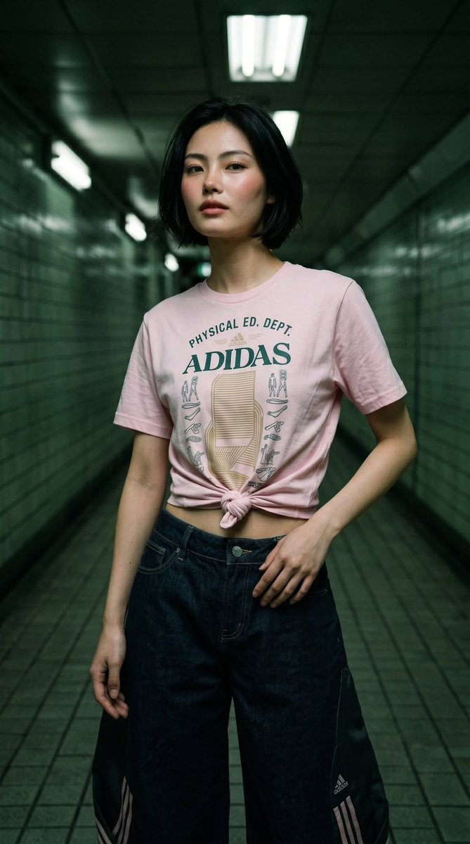 超写实时装编辑部摄影,赛博都市街头服饰宣传大片,拍摄于灯光昏暗、墙面铺有亮面瓷砖并装有电影感荧光顶灯的地下地铁通道中。留着利落黑色波波头、拥有…, 图片 1