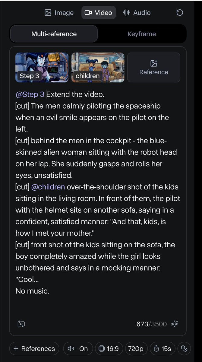 "Extend the video. [cut] The men calmly piloting the spaceship when an evil smi…