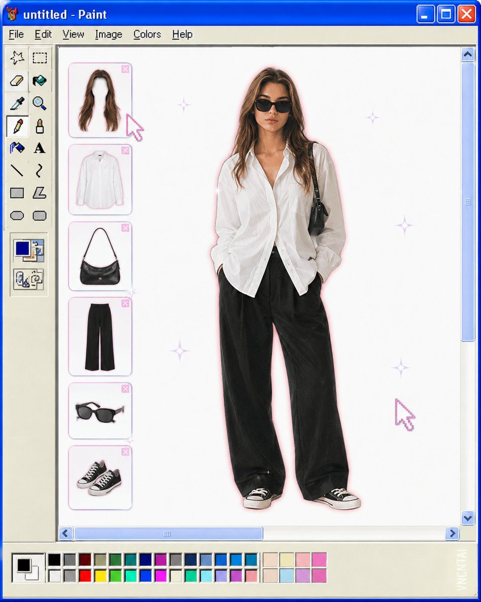 将上传的图片转换为复古 Windows MS Paint 换装界面美学风格。保持主体的全身剪裁居中放置在干净的白色画布上,仿佛置于一个老旧的 …, 图片 1