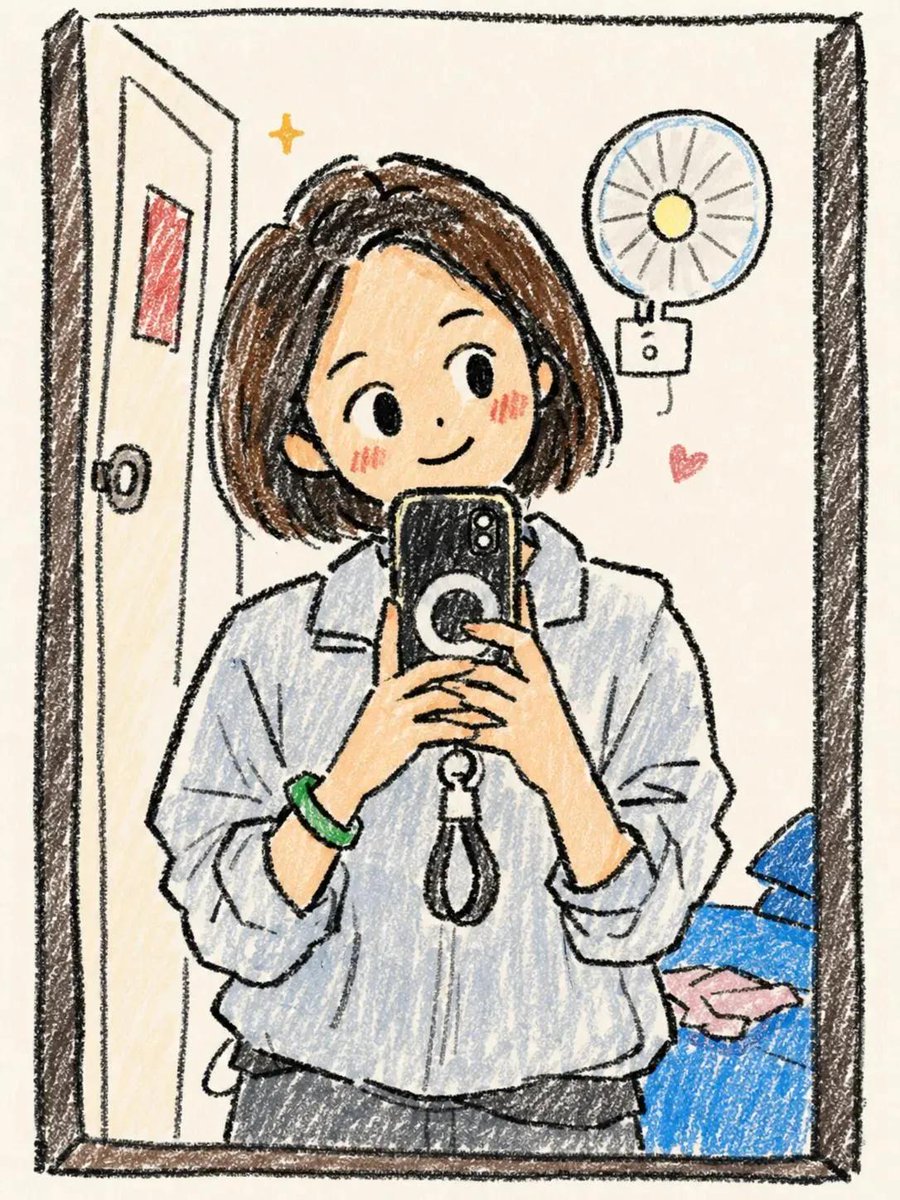 可爱的手绘Q版（chibi）女孩插画，温馨的速写本涂鸦艺术风格，大而灵动的眼睛，圆润的脸庞，柔和的腮红，凌乱的丸子头发型，超大圆框眼镜，休闲超…, 图片 1