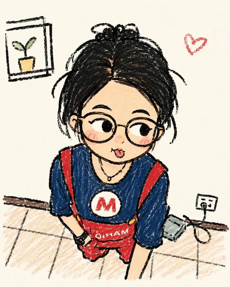 可爱的手绘Q版（chibi）女孩插画，温馨的速写本涂鸦艺术风格，大而灵动的眼睛，圆润的脸庞，柔和的腮红，凌乱的丸子头发型，超大圆框眼镜，休闲超…, 图片 2