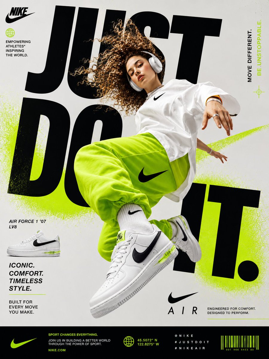 生成一张完美平面设计的耐克(Nike)鞋类广告海报。角色(印度年轻时尚女孩_戴着耳机_卷发)应悬浮于空中(Air),姿势需展现霓虹绿色宽松大码…, 图片 1