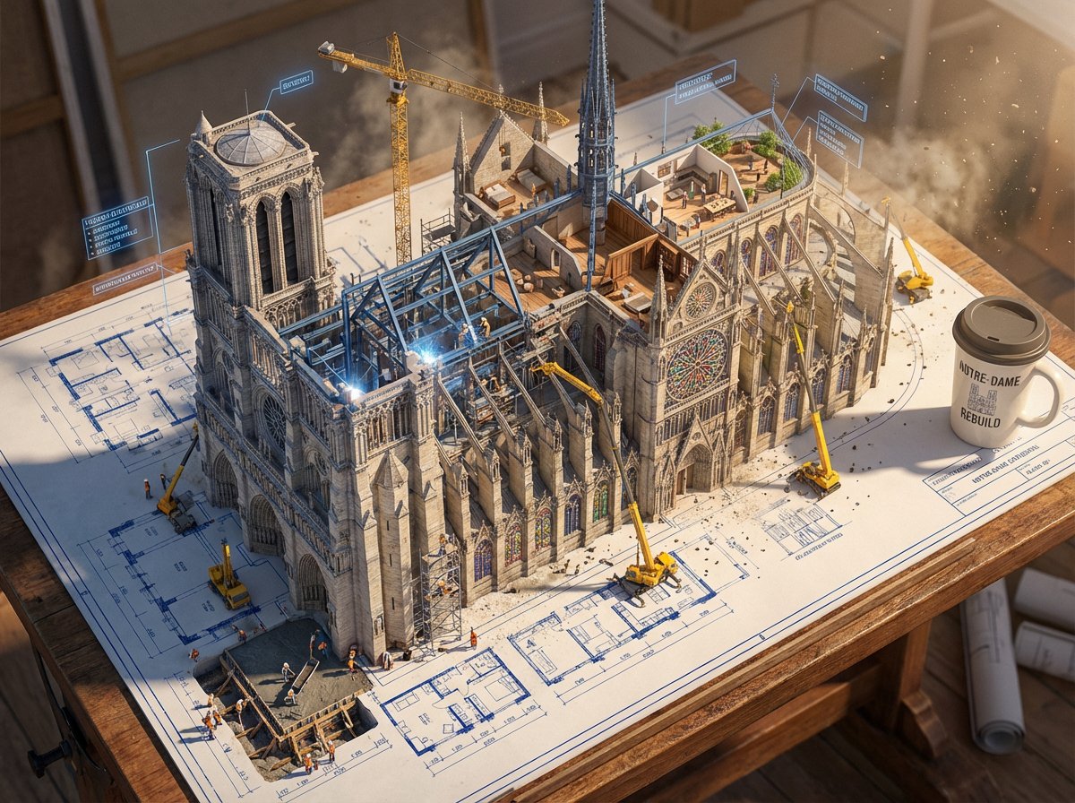创建一个史诗级的照片写实3D场景:一张巨大的[建筑/结构]建筑蓝图被钉在绘图桌上,而墨线从纸面上浮起,化作真实的建筑工地。蓝色的平面线条在半空…, 图片 1