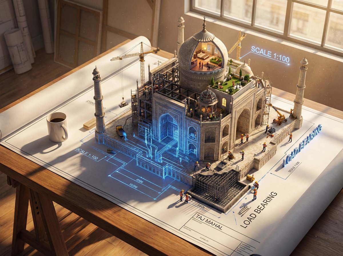 创建一个史诗级的照片写实3D场景:一张巨大的[建筑/结构]建筑蓝图被钉在绘图桌上,而墨线从纸面上浮起,化作真实的建筑工地。蓝色的平面线条在半空…, 图片 2