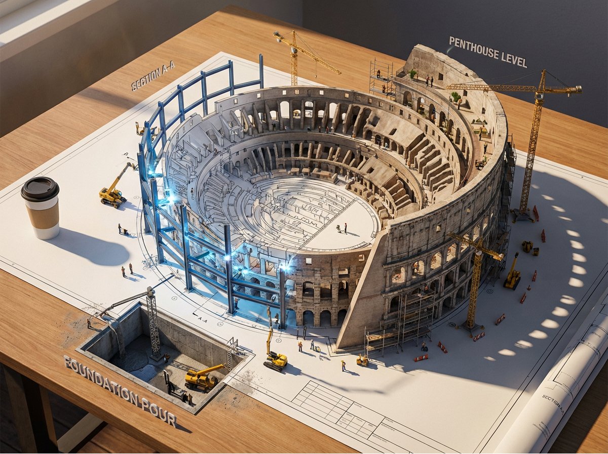 创建一个史诗级的照片写实3D场景:一张巨大的[建筑/结构]建筑蓝图被钉在绘图桌上,而墨线从纸面上浮起,化作真实的建筑工地。蓝色的平面线条在半空…, 图片 3