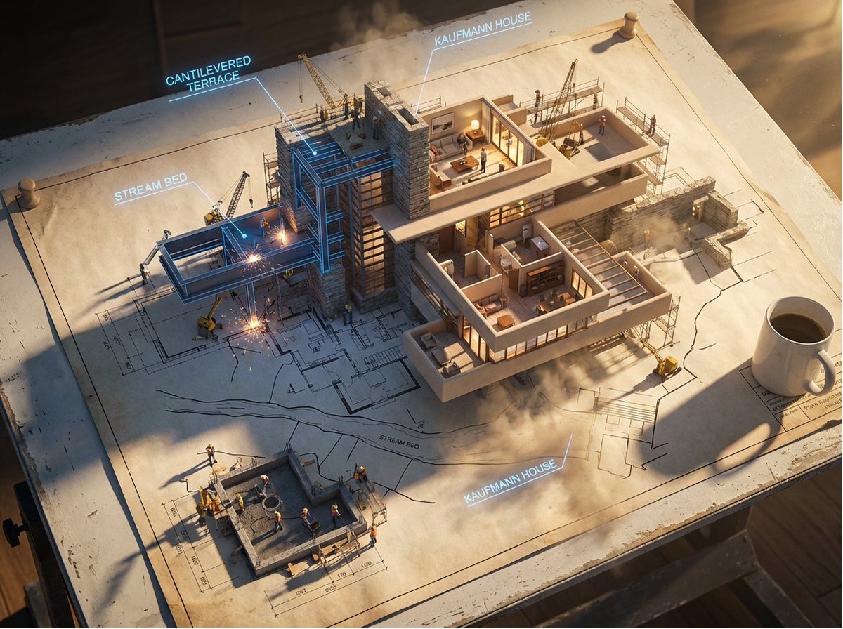 创建一个史诗级的照片写实3D场景:一张巨大的[建筑/结构]建筑蓝图被钉在绘图桌上,而墨线从纸面上浮起,化作真实的建筑工地。蓝色的平面线条在半空…, 图片 4