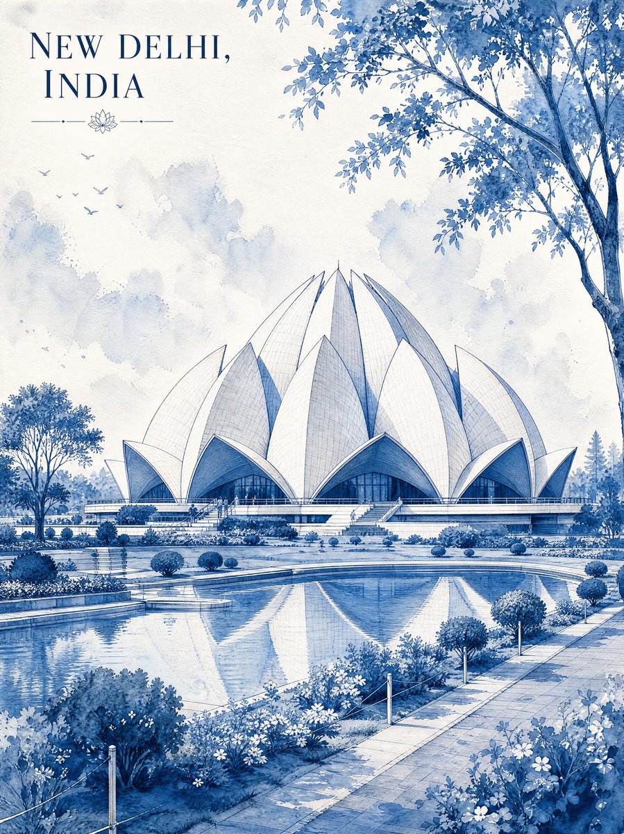 极简复古水彩旅行海报插画，描绘印度新德里莲花庙，整体以优雅的单色蓝水彩与精细钢笔线条绘制。清晨宁静的场景，以标志性的莲花庙为绝对视觉焦点，视角…, 图片 1