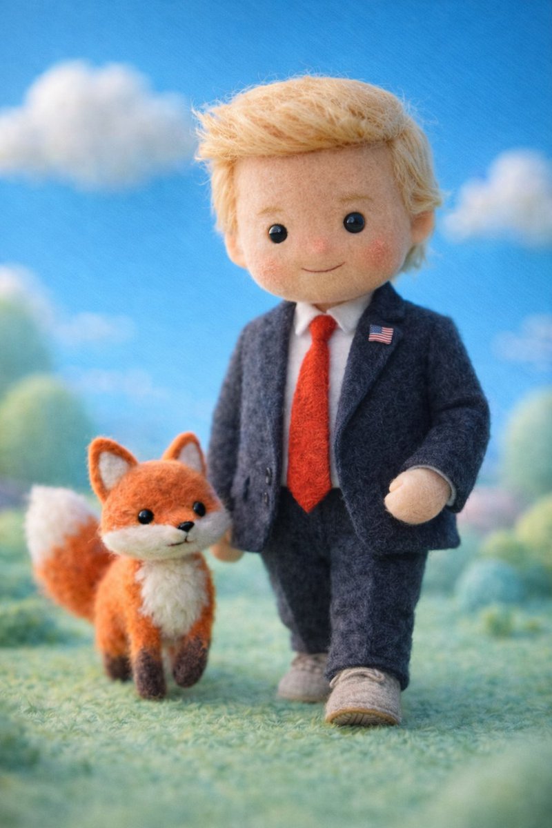 创作一个手工毛毡微缩插画，将[Celebrity]重新设计成一个柔软的羊毛玩偶角色。让人物拥有简洁可辨的面部特征、纽扣般的眼睛、温和含蓄的微笑…, 图片 4