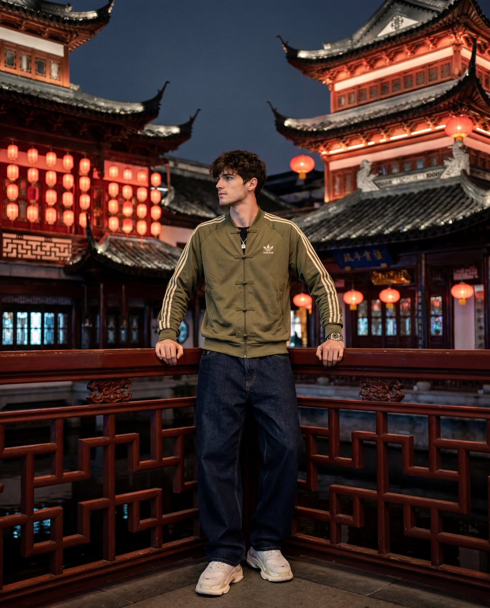 一张超写实的竖版 4:5 比例照片，拍摄于夜晚上海传统中国豫园内的雕花阳台。低位仰拍，主体背后是多层宝塔，屋檐上翘，挂着一排排红色纸灯笼，黑色…, 图片 1