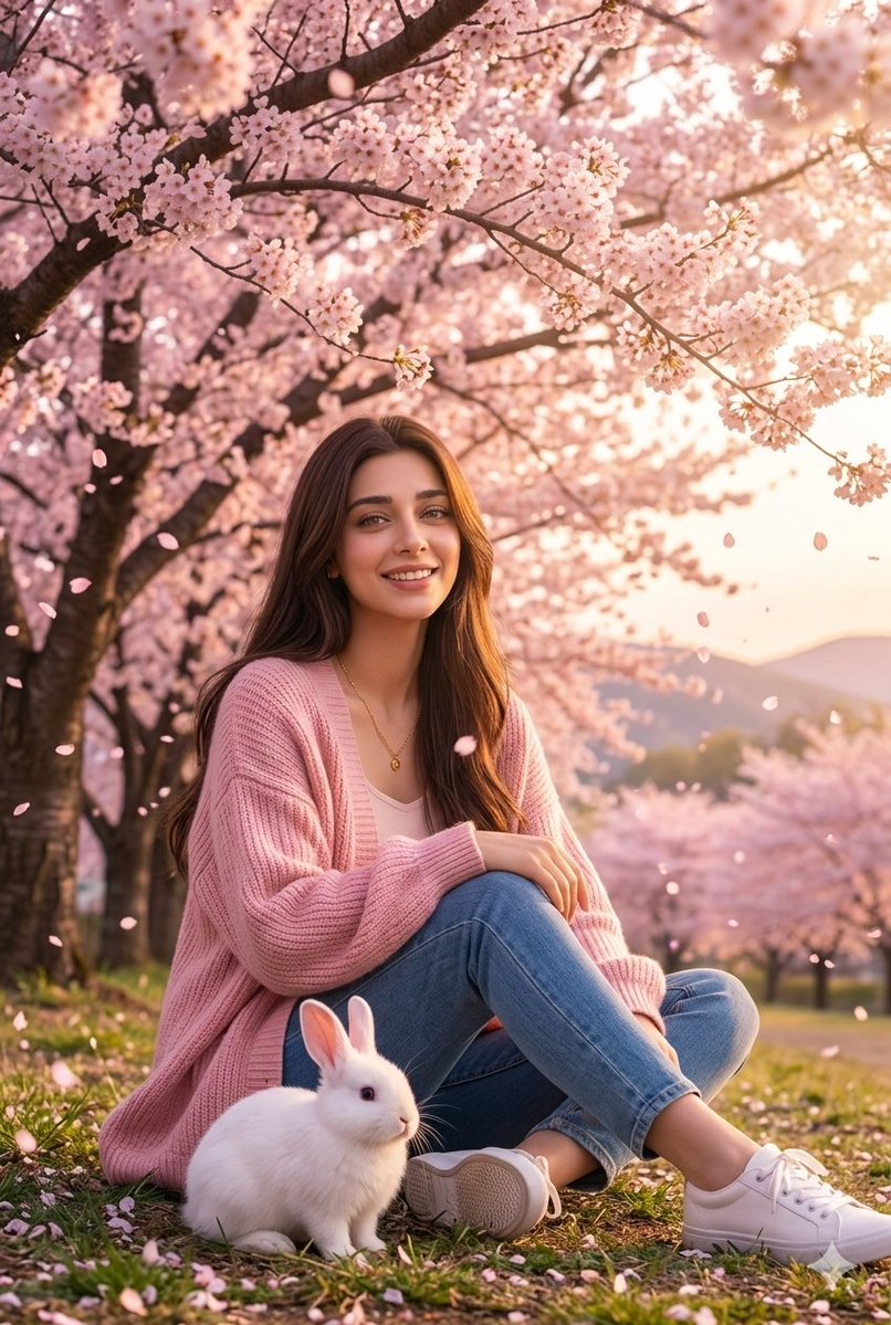 一张超写实的照片：一位美丽的年轻女子坐在日落时分盛开的樱花树下。她身穿柔软的粉色超大号开衫、蓝色牛仔裤和白色鞋子。一只毛茸茸的白色兔子坐在她身…, 图片 1