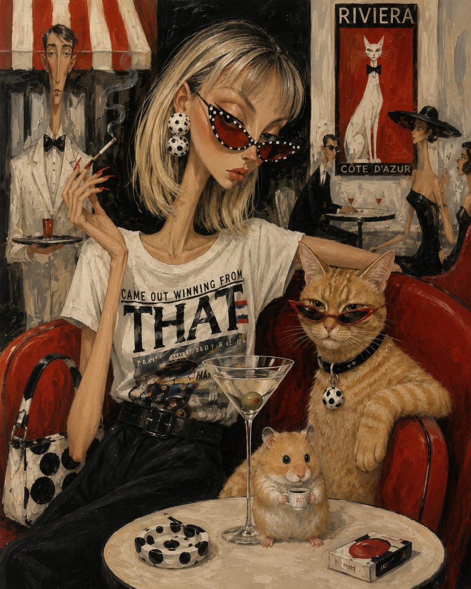 一位时髦的时尚达人和她那只时尚的橙色虎斑猫并肩坐在一家迷人的法国里维埃拉咖啡馆里,两人都戴着优雅的红色猫眼太阳镜。女子有着修长优雅的脖颈、金色…, 图片 1