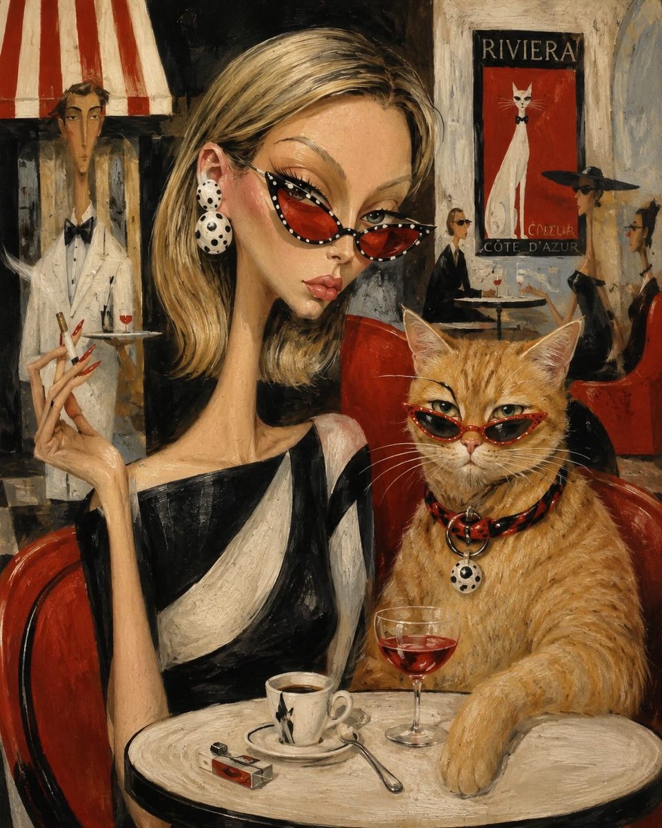 一位时髦的时尚达人和她那只时尚的橙色虎斑猫并肩坐在一家迷人的法国里维埃拉咖啡馆里,两人都戴着优雅的红色猫眼太阳镜。女子有着修长优雅的脖颈、金色…, 图片 2