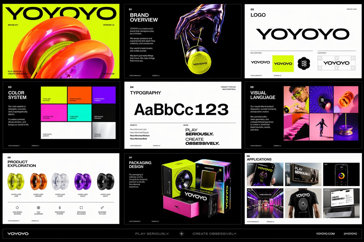 为一个名为 [YOYOYO] 的公司创建一个精致的跨页品牌工具集，通过多张图片呈现。该品牌应感觉好玩、未来感、充满活力且设计前卫，将玩具灵感的…, 图片 1