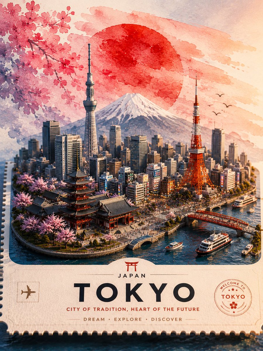 日本东京的超精细复古旅行海报插画,设计为高级收藏明信片或邮票艺术品。一幅令人惊叹的微型立体模型风格城市景观,将东京最具标志性的地标和谐地融合在…, 图片 1