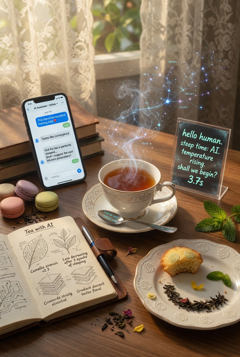 高度细致的电影感静物画面,名为《与AI共茶》(Tea with AI),呈现舒适的下午茶场景,带有放松的高管氛围,摆放在温暖的木质桌面上,背景…, 图片 1