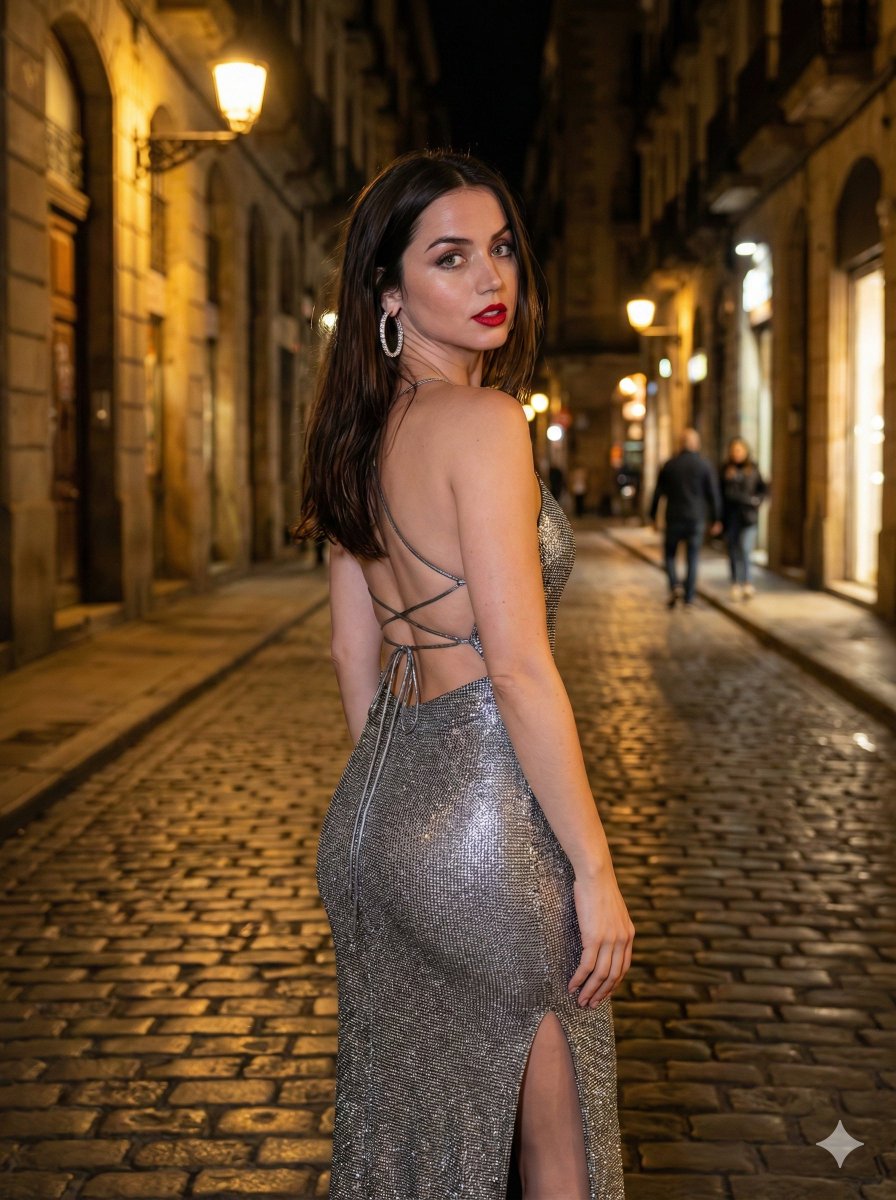 在 3:4 垂直画幅中创作一张照片级真实的电影感时尚人像,超高清,以 Ana de Armas 作为视觉身份参考。保留她可辨识的面部结构、深邃…, 图片 2