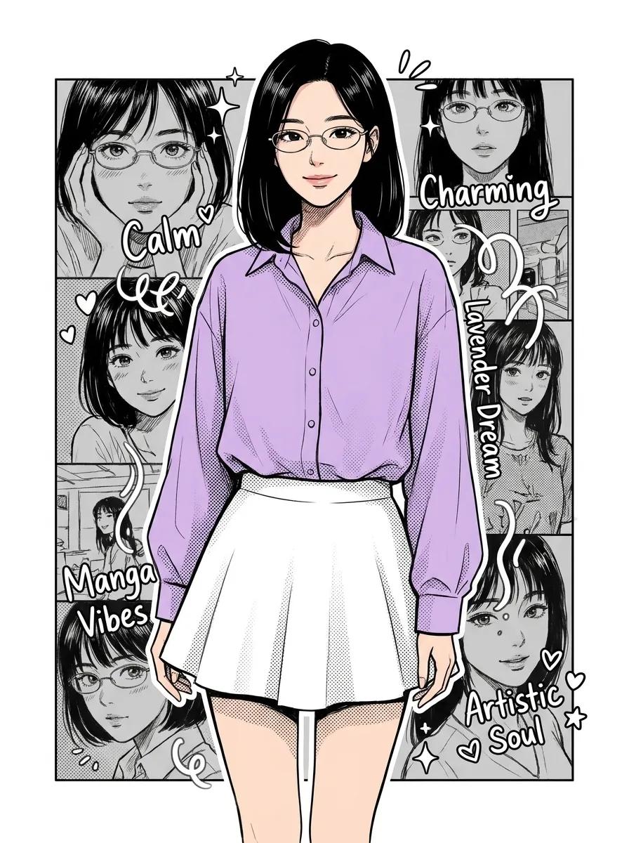 半写实动漫风格的年轻韩国女性,顺滑黑色齐下巴短发,细框椭圆眼镜,平静迷人的微笑,身穿淡紫色超大纽扣衬衫和白色喇叭裙,全身站立居中,身后是单色素…, 图片 1