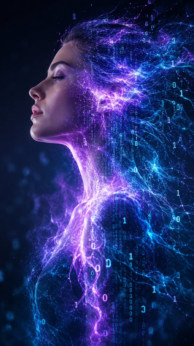 超写实超现实肖像,一位女性正在溶解为发光的能量流与数字代码,优雅的侧脸轮廓,紫色与青色的光芒从她身体中流淌而出,空灵的数据粒子环绕四周,电影级…, 图片 1